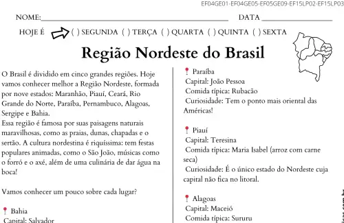 atividade região nordeste do Brasil