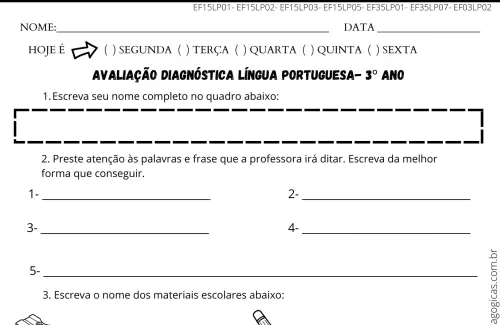 Avaliação Diagnnóstica 3º Ano Língua Portuguesa