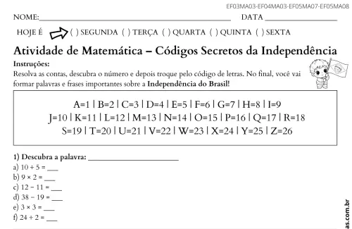 atividade códigos independência do Brasil