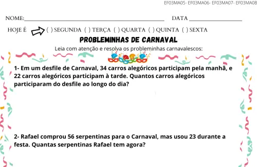problemas matemáticos no carnaval