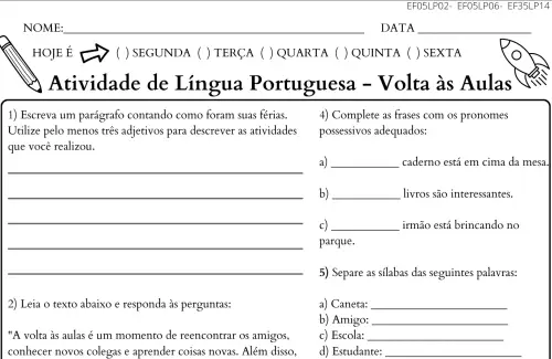 atividade 5º língua portuguesa volta às aulas