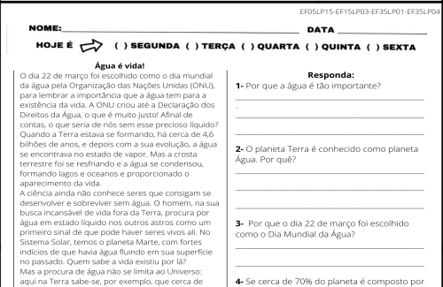 atividade 5º ano dia mundial da água